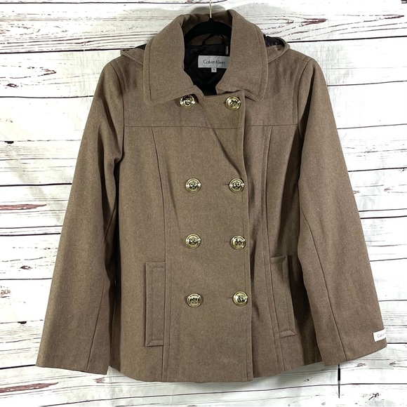 Calvin Klein Jacket Womens Size 14 Brown Double Breasted Hooded